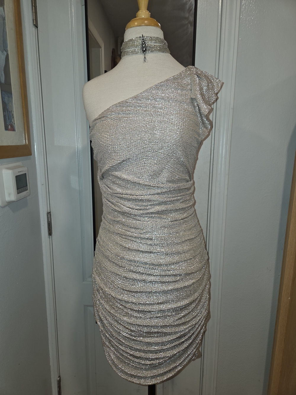 Express One-Shoulder Shimmer Ruched Dress in Silver
